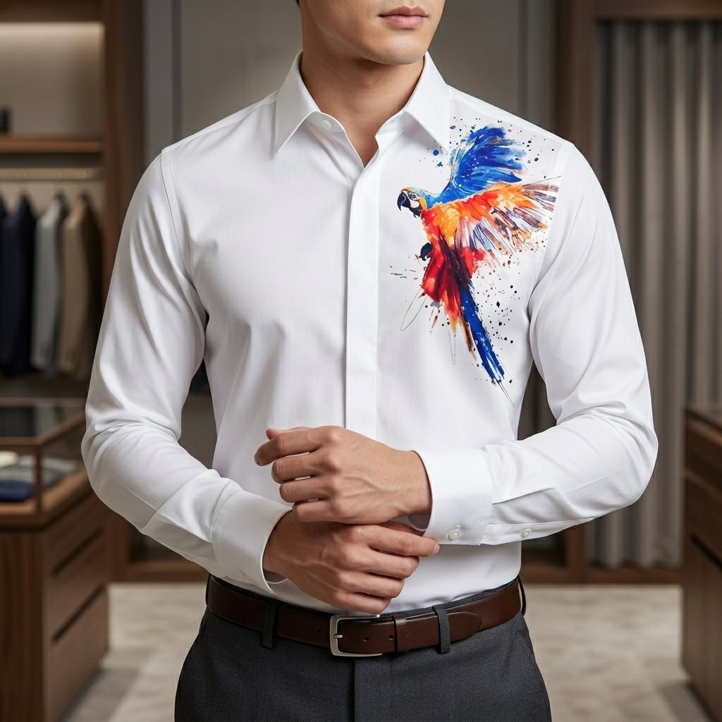 Banner áo sơ mi lụa Thái MODOVN mẫu Macaw Watercolor
